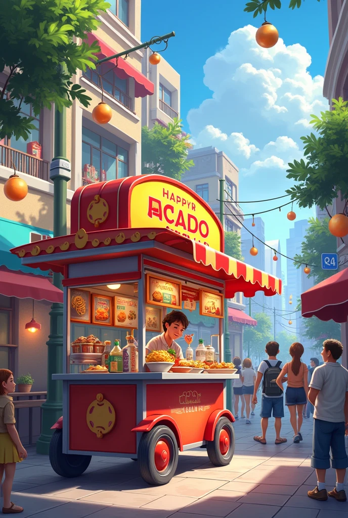 A food cart in the footpath of the rood with rush and sorrounded by shops the food crt has well decorate and wetter also