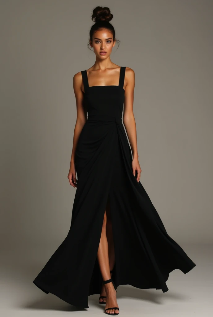 Black Midi Dress, Square neckline, sleeveless, wearing a crepe dress, and flowy with a slit that starts in the middle of the thigh, a Brazilian brown girl with a bun