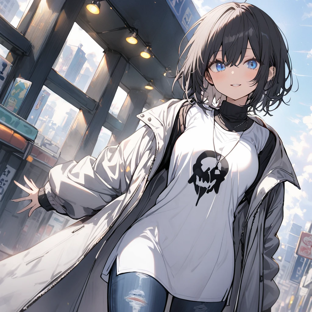 1girl, White shirt, open jacket, extra large shirt, jeans, silver jacket, white-black hair, blue eyes, short hair, long hoodie, turtleneck, long jacket