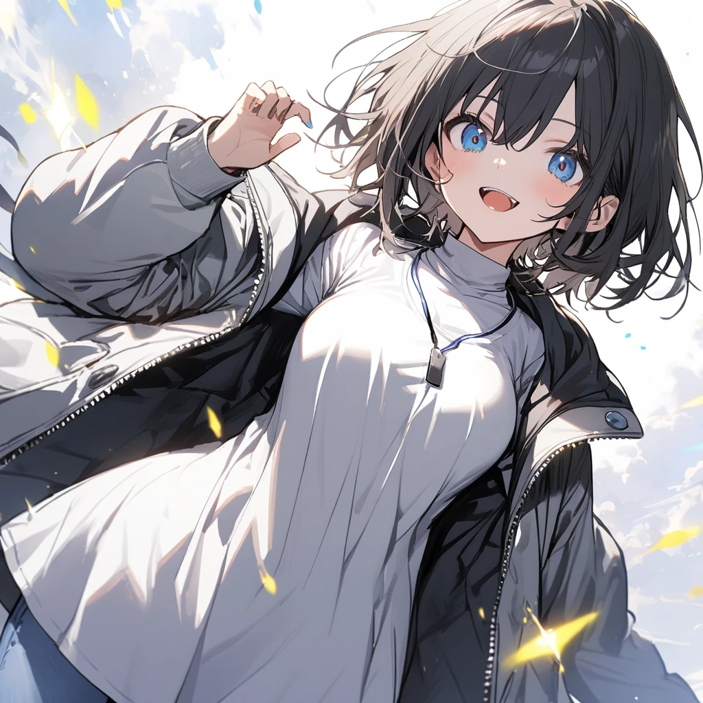 1girl, White shirt, open jacket, extra large shirt, jeans, silver jacket, white-black hair, blue eyes, short hair, long hoodie, turtleneck, long jacket