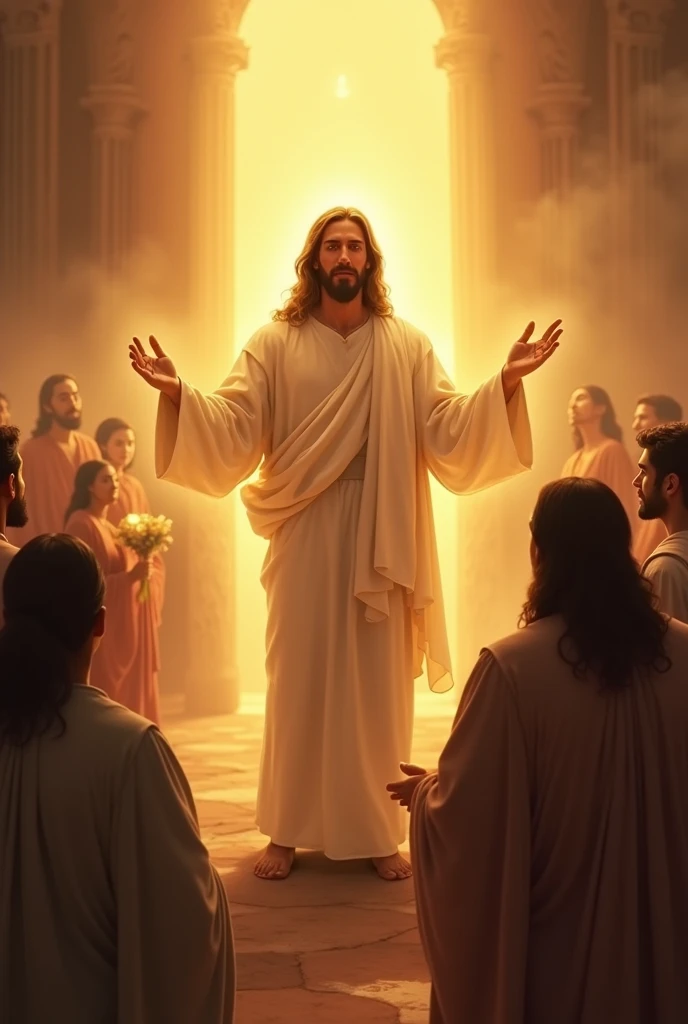 Jesus standing in a serene and glowing light, his disciples looking at him with newfound faith and wonder. The background is the wedding at Cana, with faint figures of guests celebrating, but the focus is on the divine moment of revelation as the disciples believe in his glory