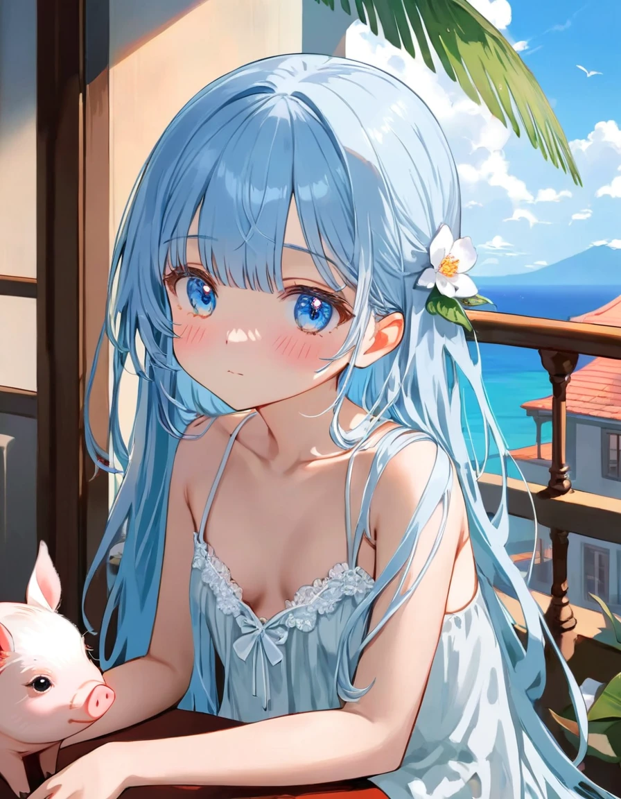 masterpiece, best quality, extremely detailed, (illustration, official art:1.1), 1 girl ,(((( light blue long hair)))), ,light blue hair, , long hair ((blush)) , cute face, masterpiece, best quality,(((((a very delicate and beautiful girl))))),Amazing,beautiful detailed eyes,blunt bangs((((little delicate girl)))),.(true beautiful), sense of depth,, ,(tiny 1girl model:1.2),)(flat chest),Masterpiece, highest quality, high resolution background, bright and beautiful atmosphere,  (hair, surface effects), , cute tropical clothes, tropical style A girl relaxing on a hotel balcony, a stylish drink on a round table, mini pigs hanging on the balcony, mini pigs looking outside from the window,