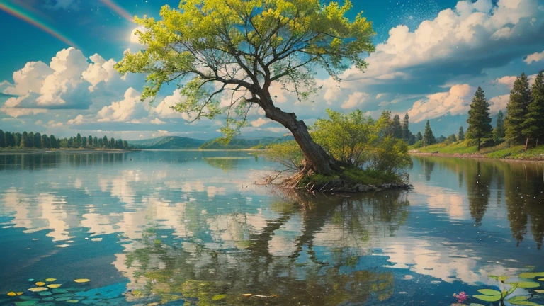There is only a lake with no end in sight and a single tree., In the middle of the lake, you can see an incredibly huge white tree that seems to reach the sky.. On the branches of the trees, there are shining green leaves. In the sky, there are rainbow-colored clouds and shooting stars falling, It is reflected in the lake. Rain falls on the lake. Ripples from the raindrops exist. Overwhelming scale