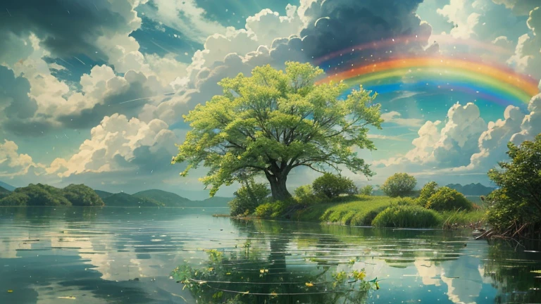 There is only a lake with no end in sight and a single tree., In the middle of the lake, you can see an incredibly huge white tree that seems to reach the sky.. On the branches of the trees, there are shining green leaves. In the sky, there are rainbow-colored clouds and shooting stars falling, It is reflected in the lake. Rain falls on the lake. Ripples from the raindrops exist. Overwhelming scale