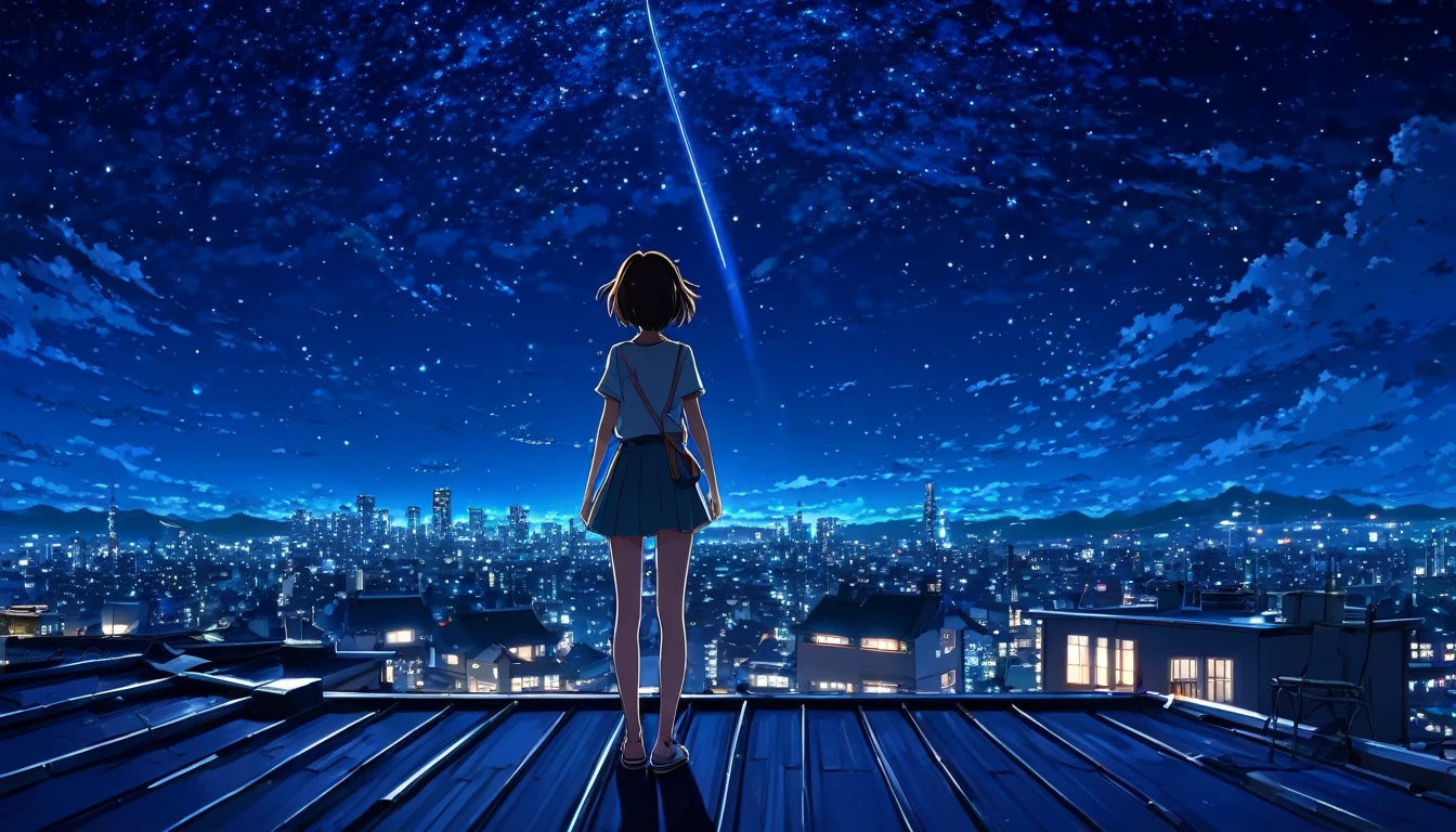Anime girl standing on a rooftop looking at the starry night sky, anime wallpaper 4k, anime wallpaper 4 k, 4k anime wallpaper, Anime Art Wallpaper 8 K, anime art wallpaper 4k, anime art wallpaper 4k, animation style 4k, makoto shinkai cyril rolando, 4k cartoon wallpaper, anime wallpaper, amazing wallpaper, shooting star