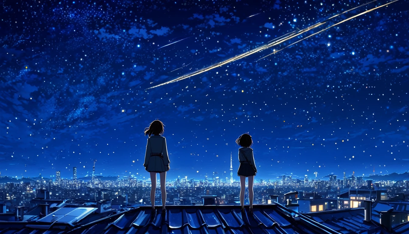 Anime girl standing on a rooftop looking at the starry night sky, anime wallpaper 4k, anime wallpaper 4 k, 4k anime wallpaper, Anime Art Wallpaper 8 K, anime art wallpaper 4k, anime art wallpaper 4k, animation style 4k, makoto shinkai cyril rolando, 4k cartoon wallpaper, anime wallpaper, amazing wallpaper, shooting star