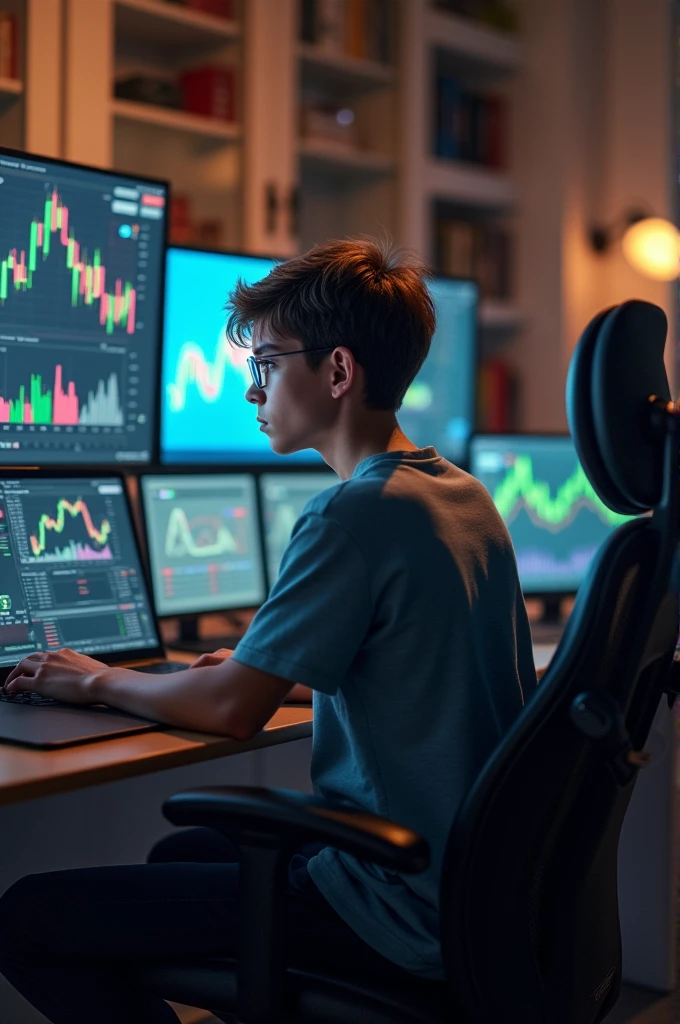A boy, aged 17, is sitting on a chair facing forward and behind him is a computer and laptop with a trading setup running