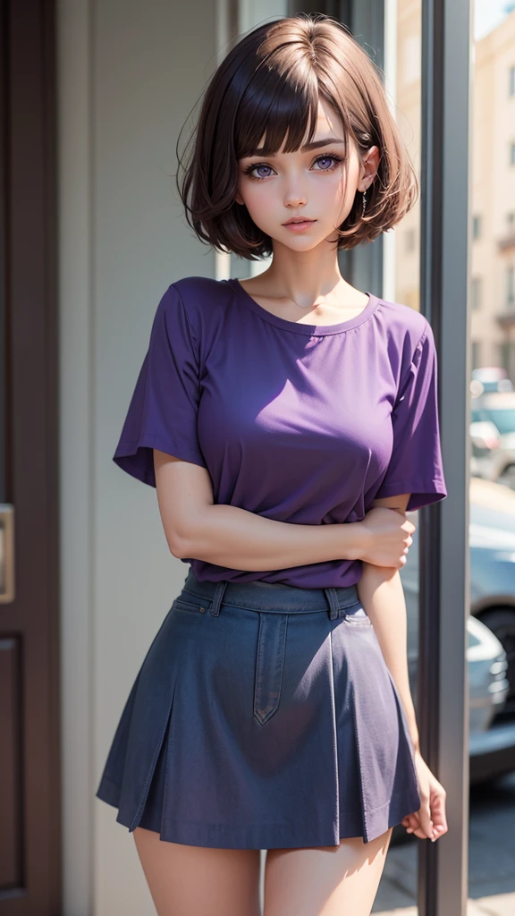 Cute , short hair, brown hair, bob cut, purple eyes, super details, purple shirt and blue skirt,