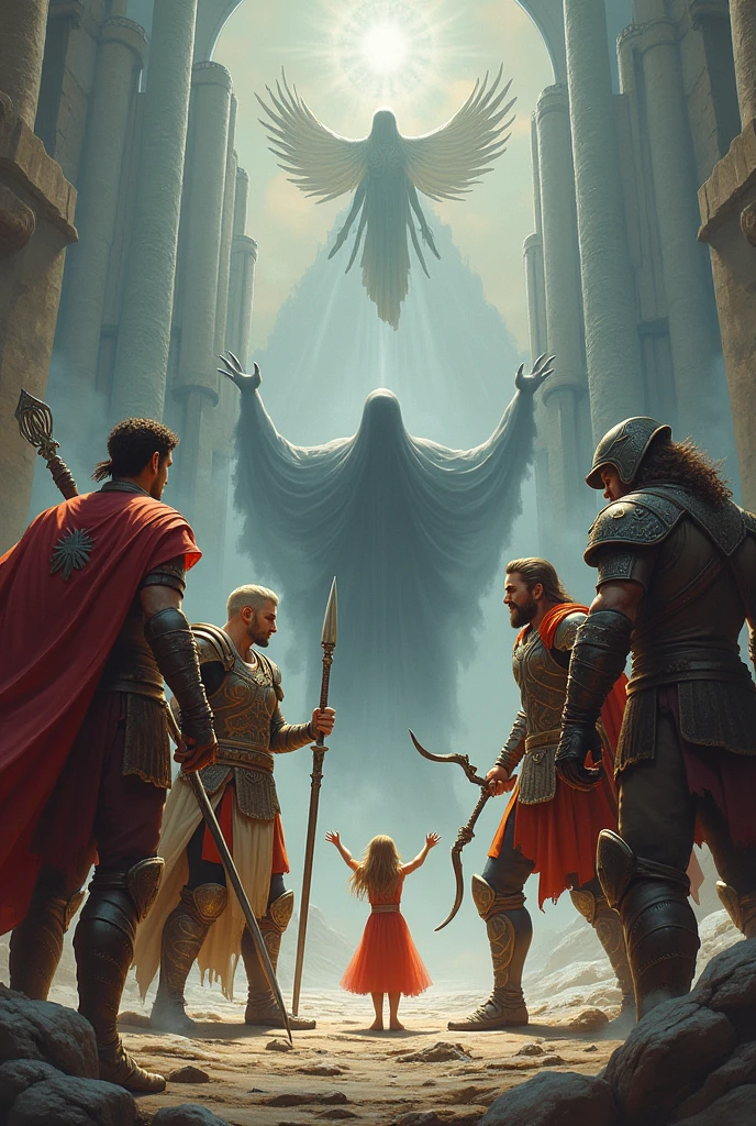 Create a digitsl art in which three heroes that uses a sword, a spear and a bow on the left side with a god on the left hand corner seemingly trying to give them blessing, while 2 enemies on the right side in which a small unknown black entity can be seen. And a deity/fairy in the middle with open arms who seemps to want to see who will win the protected and powerful pearl she has. Make the fairy smaller and add a god on the top portion. The picture must only contain 3 heroes, 2 enemies, 1 god, 1 deity and 1 unknown entity