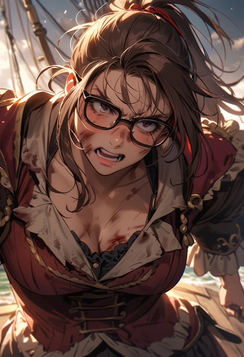 beaten up,buffed,bleed,determined,glasses,ponytail,pirate,pirate girl,brown hair,wound,bruises