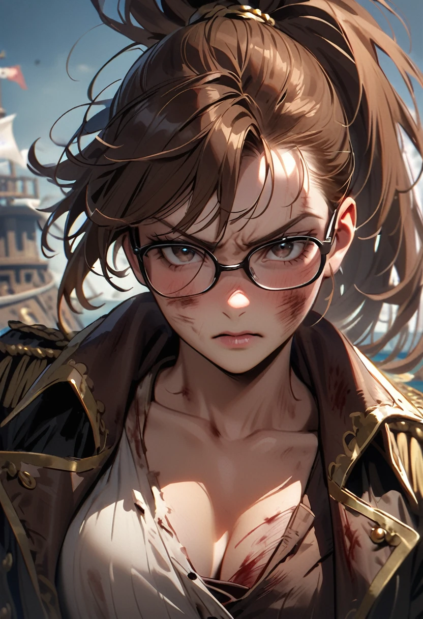beaten up,buffed,bleed,determined,glasses,ponytail,pirate,pirate girl,brown hair,wound,bruises