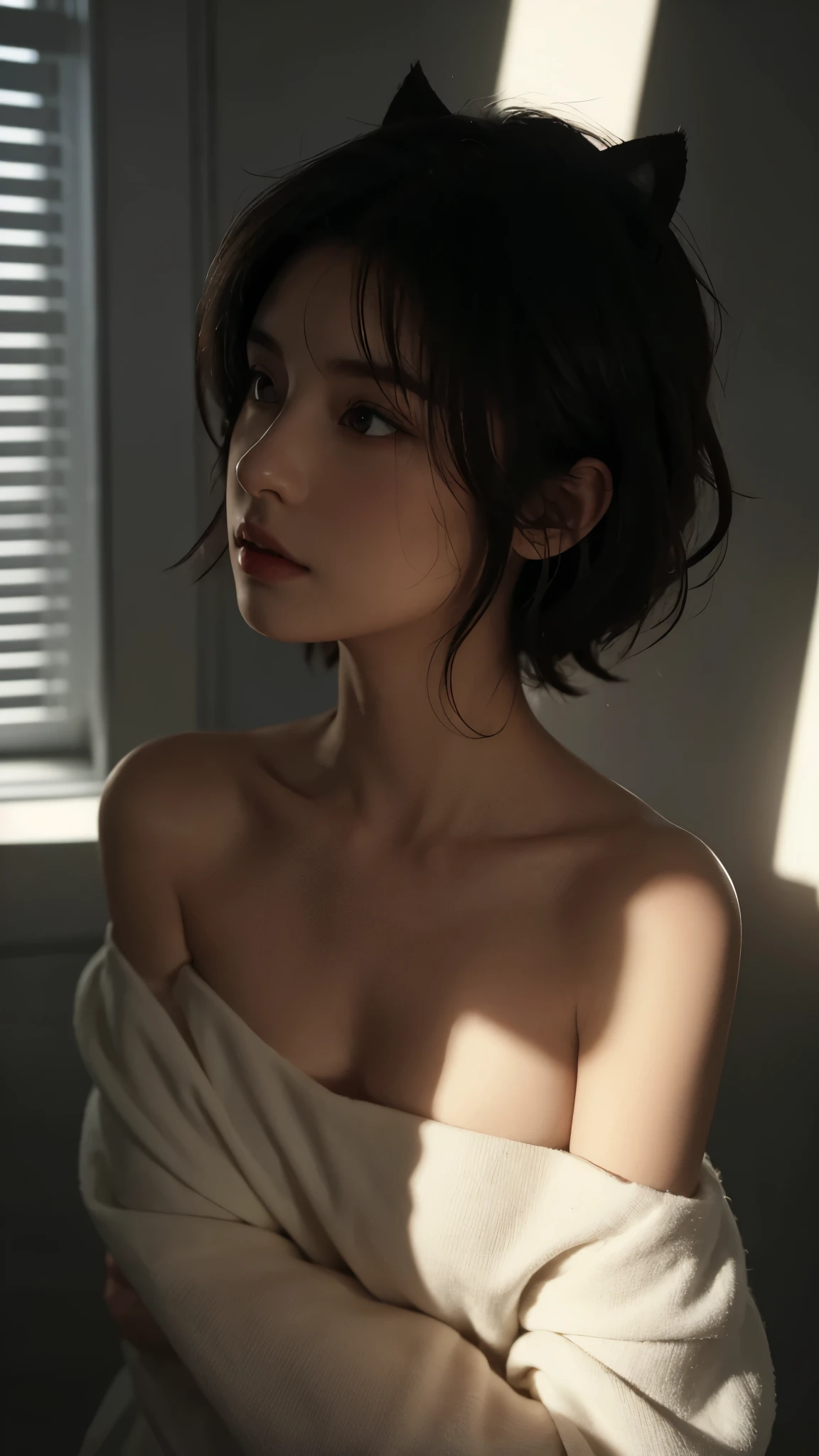 best quality, masterpiece, Ultra-high resolution, (Reality:1.5), RAW photos, 1 girl, Off-shoulder, in the darkness, Deep Shadows, Low profile, Cold Light, Sexy look, short hair,Cat ears,