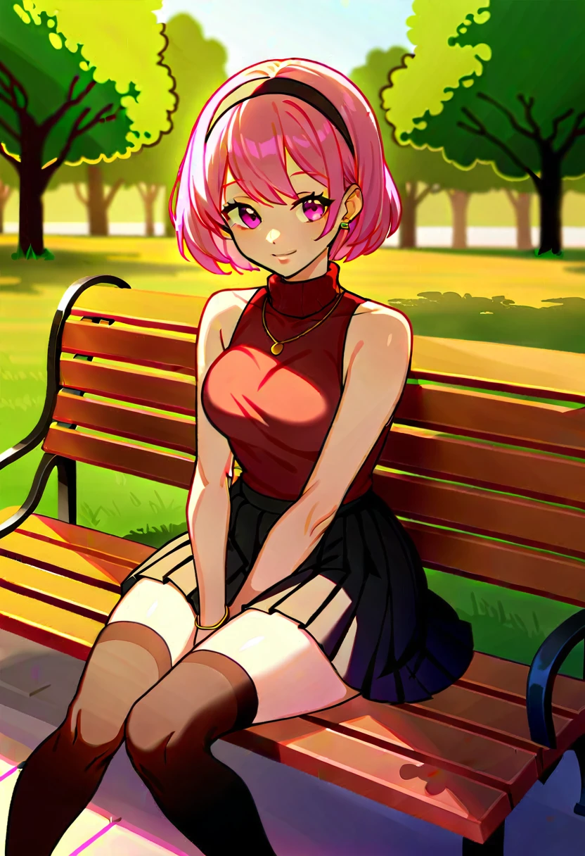 score_9, score_7_up 1girl, solo,  pink hair, pink eyes, black hairband, sleeveless, outdoors, turtleneck, black skirt, pleated skirt, thighhighs, sitting, park, park bench, necklace,