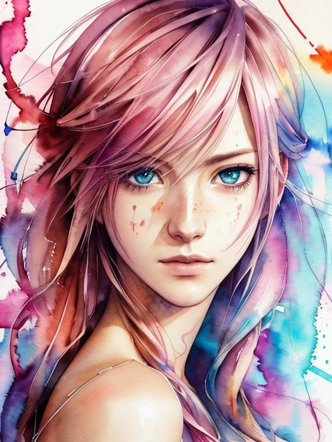 (((Agnes Cecile:1.3, watercolor))), breathtaking beauty, precise lineart, glowing design, ink drops, Final Fantasy XIII Character Lightning (Claire Farron), centered, key visual, intricate, highly detailed, breathtaking beauty, precise lineart:1.1, vibrant, comprehensive cinematic, ((Carne Griffiths, Conrad Roset)), autumn lights, (the most beautiful portrait in the world:1.5)