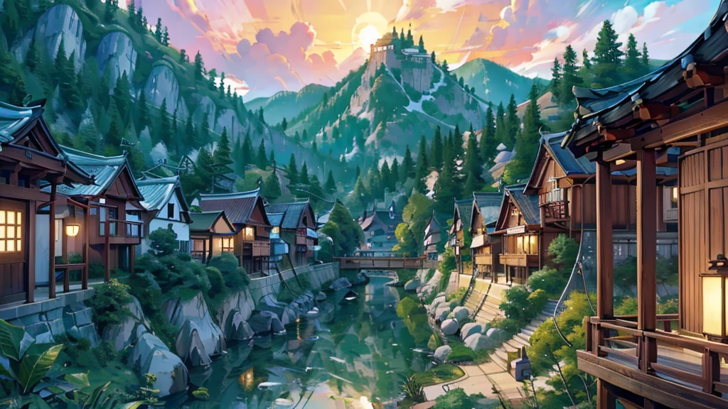 a tranquil korean village,closely nestled houses,vibrant colorful houses,vibrant lighting,warm inviting atmosphere,detailed depiction,wide range,anime style