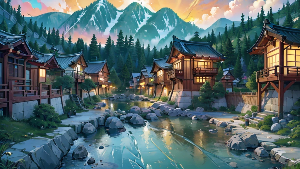 a tranquil korean village,closely nestled houses,vibrant colorful houses,vibrant lighting,warm inviting atmosphere,detailed depiction,wide range,anime style