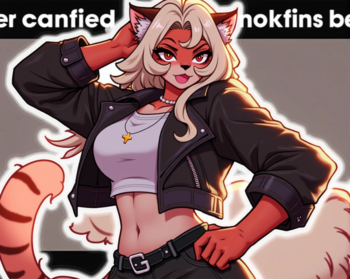 Anthro furry female bengal tiger with long vanilla colored hair, wearing white crop top, black biker jacket, black jeans and silver belt looking at viewer