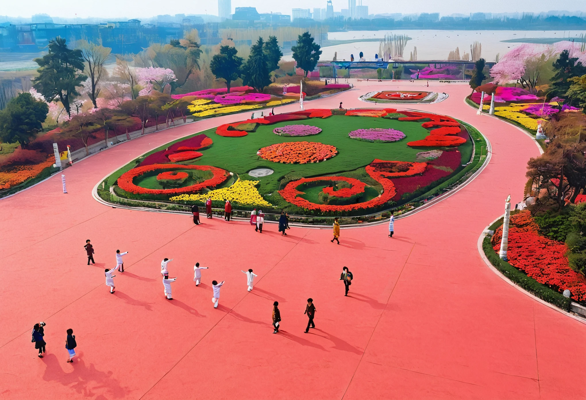 people walking around a flower garden with a clock in the middle, joy, A beautiful large piece of land art, flowers around, baotou china, Shot with iPhone 1 3 Pro max, wonderful masterpiece, 巨型莲flower曼荼罗, Shot with iPhone 1 3 Pro, 在红色的flower园里, flower garden, flower, Chinese New Year in the countryside, A group of people in white clothes practicing Tai Chi in the park, Extreme landscape photography, 8k ,USD, HD, Detailed Details
