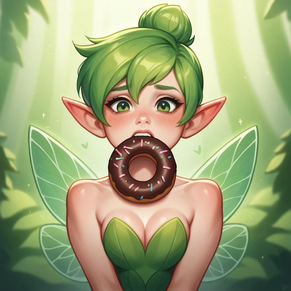 A masterpiece, top quality, highly detailed, extremely detailed, ultra-realistic, humorous, delicate anime style illustration. Fairyland, cinematic lighting, a donut shop run by fairies, Tinkerbell the fairy biting into a giant chocolate donut, she is a character from "Peter Pan".