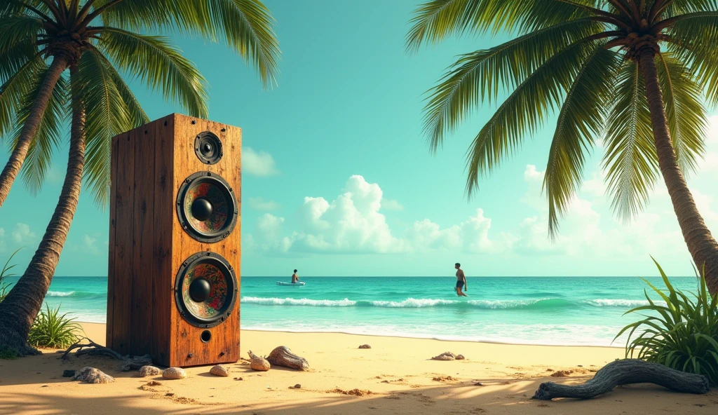 A reggae speaker standing alone on the beach