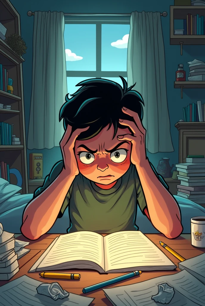 A boy stress doing his homework at the bed and book mess up on the floor
