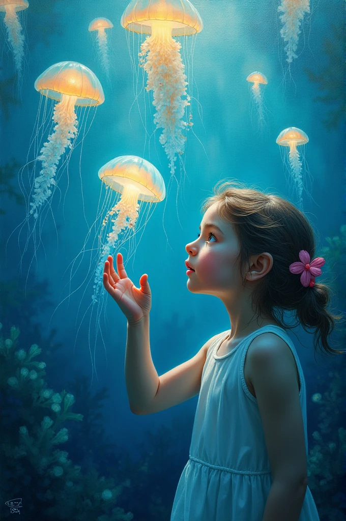 Oil painting of a girl with jellyfish