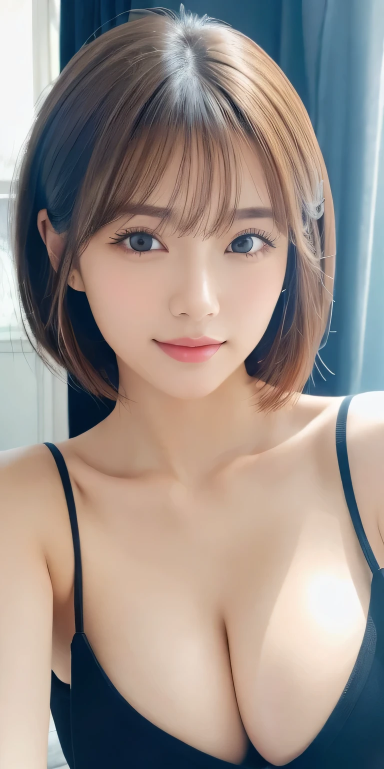 masterpiece、Highest quality、High resolution、Tabletop、wallpaper、Realistic、Bright lighting、Professional Lighting、Face Light、Smooth lighting、Japanese women、Adult、Beautiful woman、action、gravure、sexy、poor、so beautiful、Beautiful Skin、Beautiful and detailed、Detailed face、slim、moderately、short hair、Brunette Hair、Brown eyes、Looking at the camera、Big Breasts、Cleavage