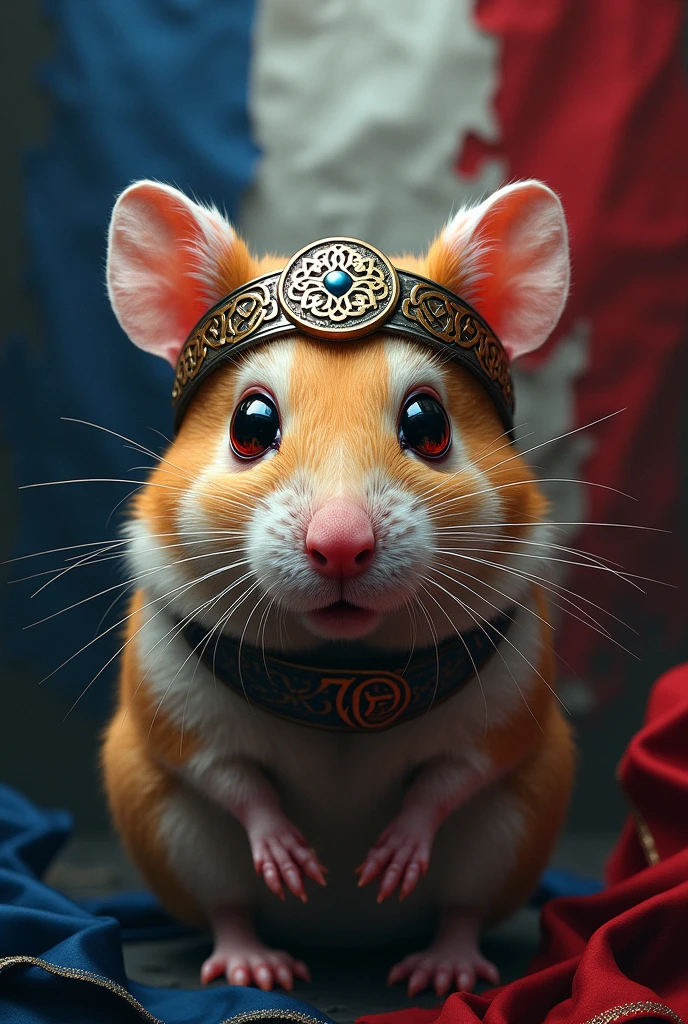 Portrait d'un hamster cybernétique, les yeux injectés de sang, portant un bandeau celte en métal. Il est entouré de symboles celtiques et le drapeaux de la Bretagne a ses cotes propre et de la France est déchirés en lambeaux derrière lui
