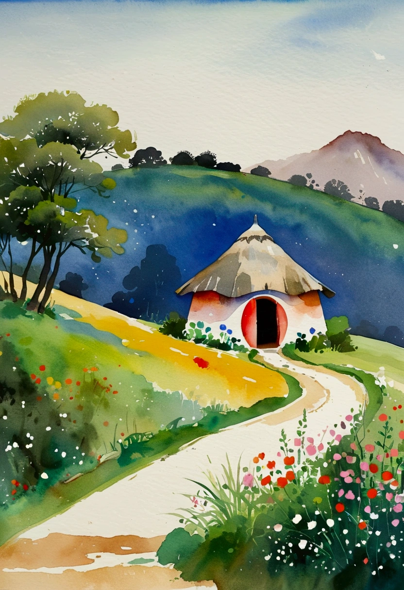 Childish Art:Simple watercolor,Dot,A small thatched hut on a winding path,Minimalism。(((Negative Space,Large area of blank, Bottom left corner composition)))