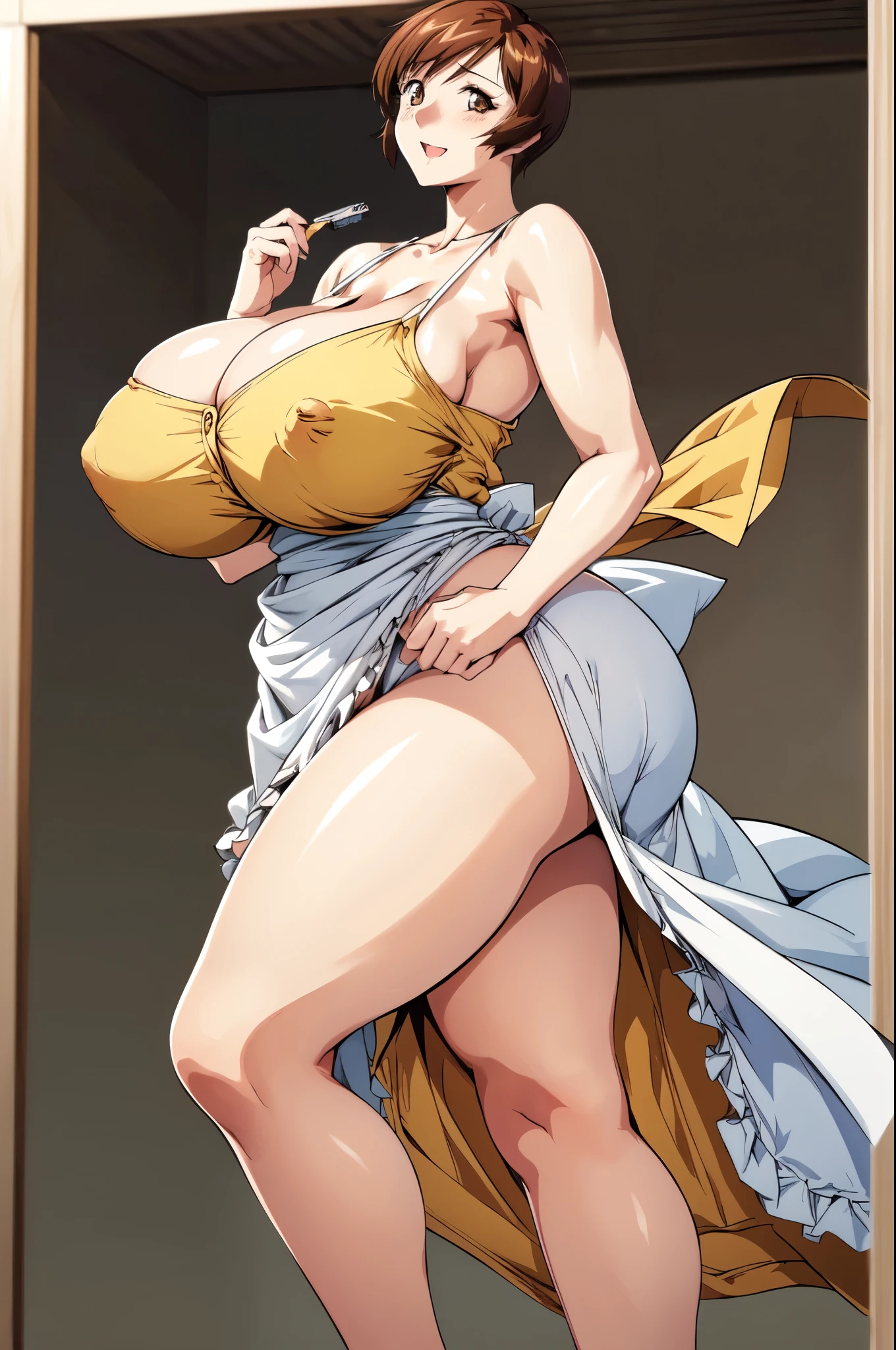 masterpiece, Highest quality, High resolution, One girl, alone, sexual intercourse, Pornographic images, short hair, etsukoto, Brown eyes, fine grain, fine grain, (((white skin color))), (((Thick thighs, Plump thighs, Voluptuous thighs, Thighs alone are enough))), ((Huge and enough breasts, Cleavage, Big long breasts)), Naughty big,((Big breasts are important))、((Naughty thighs)), L Cup, (thin:1.4),(Tight waist:1.4), (Yellow Dress:1.4), ((white waist apron)), ((White panties)), (((Simple Background))), smile, Open your mouth, ((Wide Hips)), (Shiny skin, Oily skin), Mature mother, Calf, Seductive mature woman, Mature Woman, Perfect body, Plus Size Model, Curvy, enough, etsukoto, blush, clavicle, retro artstyle, 1990s (style), (Thick thighs:1.4), ((bursting breasts, Overflowing breast, Super huge breasts)), (from side:1.2), (((((bare legs, showing legs))))), (nsfw),