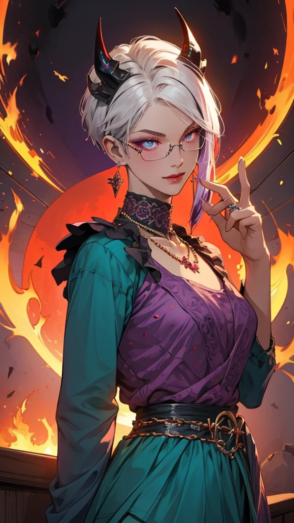 8k, masterpiece, best quality, highly detailed, 1 girl, tiefling, warlock, pixie cut, multicolored hair, very short straight hair red highlight hair on white hair, strippled hair, wearing glasses, round glasses, earrings, navel piercing, red eyeshadow, long eyelashes, blushed cheek, red lips, pearl necklace, rings, collarbone, mole on face, glamorous, teal and purple clothes, miniskirt, smirk, close up view, rings, looking at viewer, demon horns, solo, blood red moon, standing, royal dress, chains, firing fire blast