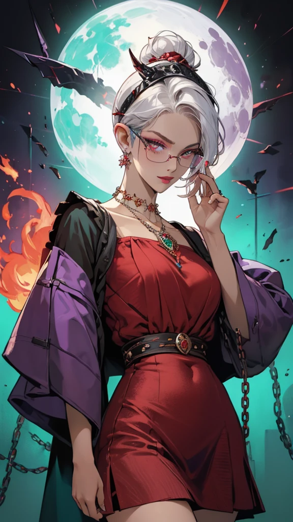 8k, masterpiece, best quality, highly detailed, 1 girl, tiefling, warlock, pixie cut, multicolored hair, very short straight hair red highlight hair on white hair, strippled hair, wearing glasses, round glasses, earrings, navel piercing, red eyeshadow, long eyelashes, blushed cheek, red lips, pearl necklace, rings, collarbone, mole on face, glamorous, teal and purple clothes, miniskirt, smirk, close up view, rings, looking at viewer, demon horns, solo, blood red moon, standing, royal dress, chains, firing fire blast
