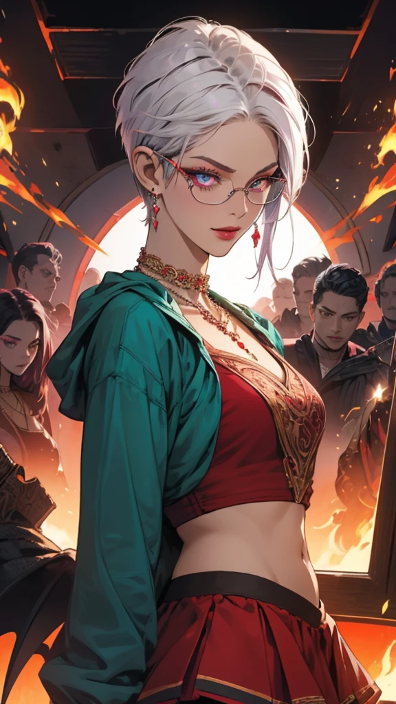 8k, masterpiece, best quality, highly detailed, 1 girl, tiefling, warlock, pixie cut, multicolored hair, very short straight hair red highlight hair on white hair, strippled hair, wearing glasses, round glasses, earrings, navel piercing, red eyeshadow, long eyelashes, blushed cheek, red lips, pearl necklace, rings, collarbone, mole on face, glamorous, teal and purple clothes, miniskirt, smirk, close up view, rings, looking at viewer, demon horns, solo, blood red moon, standing, royal dress, chains, firing fire blast