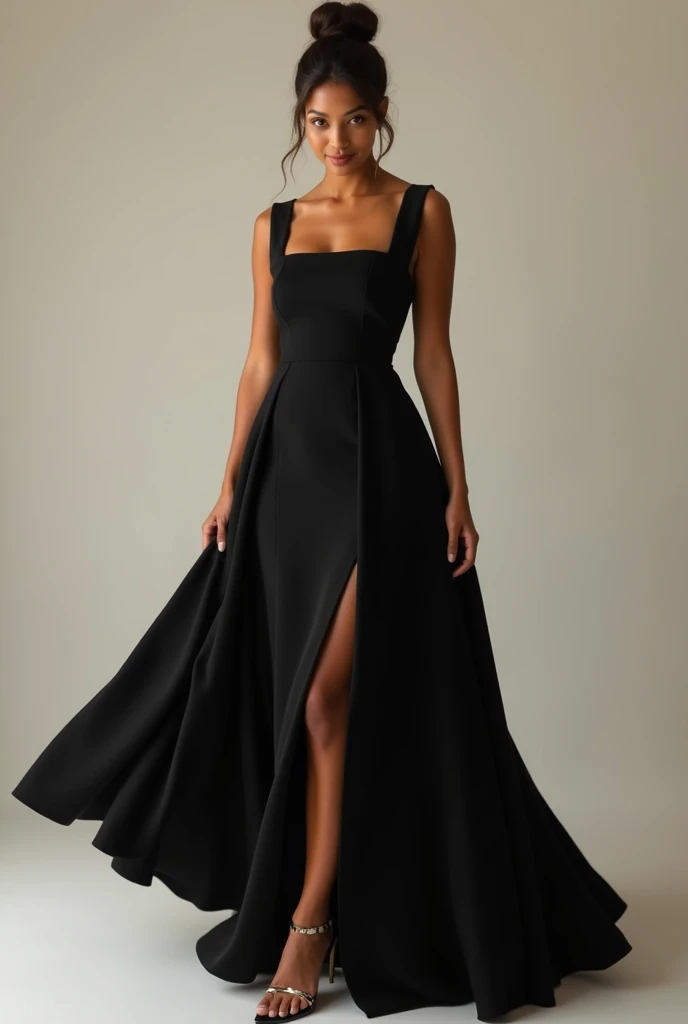 black gown, Square neckline, sleeveless, wearing a crepe dress, and flowy with a slit that starts in the middle of the thigh, a Brazilian brown girl with a bun, midi length