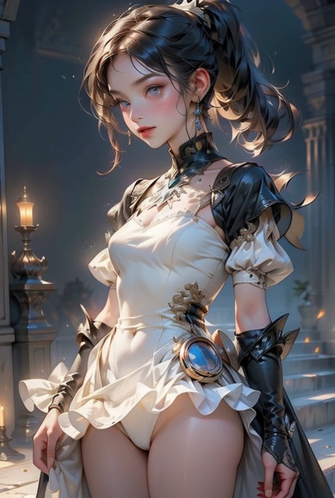  (((masterpiece, of the highest quality, super detailed))), (digital art), (a witch belonging to an occult order of knights), (a knight crossed with a witch), Victorian era inspired, ((minimal but intricate beautiful armour)), (Fluttering lace flared dress with frilly petticoats), ((Bloodbourne inspired)), ((nier automata inspired)), (big forhead:1.2), (((dark hair, long ponytail, thick ponytail, heavy ponytail))), (((Very sharp focused eyes))), ((small breasts)), very long eyelashes, occult aesthetic, (red and white clothing detailed and intricate steampunk and detailed gothic), (with a hood), complex lace boots, 