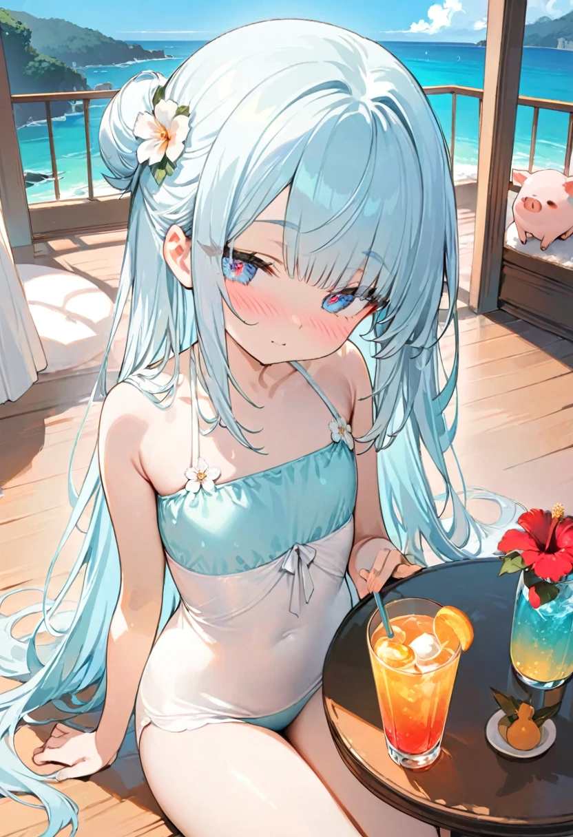 masterpiece, best quality, extremely detailed, (illustration, official art:1.1), 1 girl ,(((( light blue long hair)))), ,light blue hair, , long hair ((blush)) , cute face, masterpiece, best quality,(((((a very delicate and beautiful girl))))),Amazing,beautiful detailed eyes,blunt bangs((((little delicate girl)))),.(true beautiful), sense of depth,, ,(tiny 1girl model:1.2),)(flat chest),Masterpiece, highest quality, high resolution background, bright and beautiful atmosphere,  (hair, surface effects), , cute tropical clothes, tropical style A girl relaxing on a hotel balcony, a stylish drink on a round table, mini pigs hanging on the balcony, hibiscus