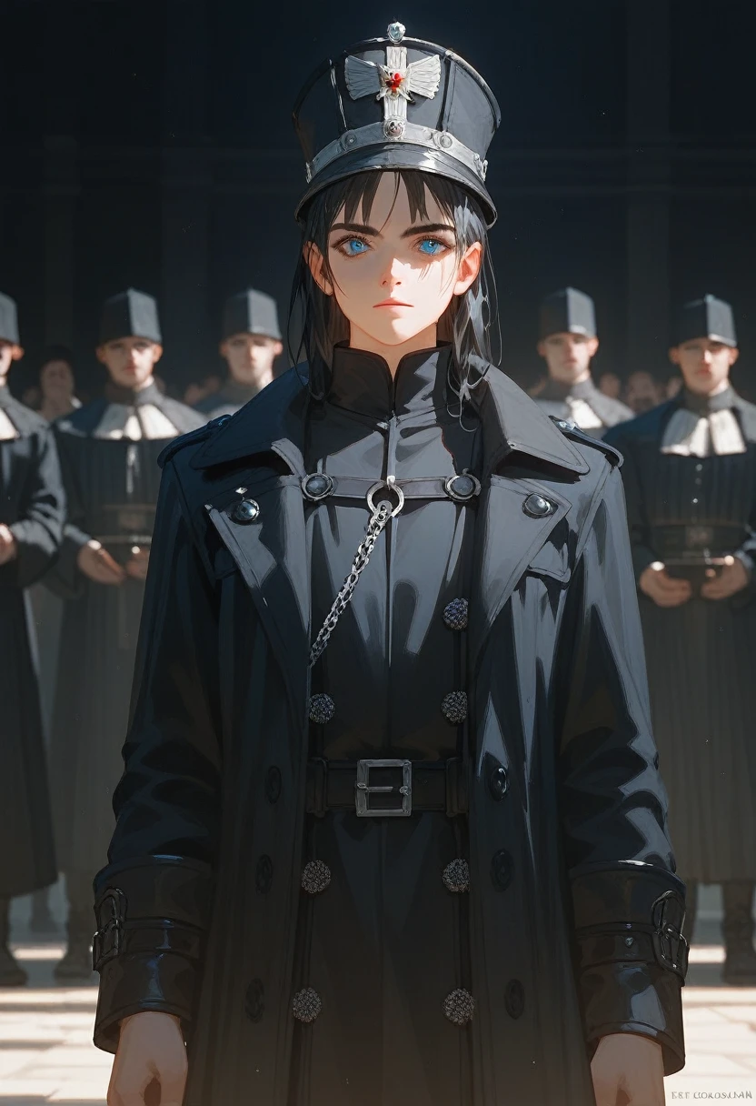 Twelve-year-old boy,Medieval style,Black trench coat,Standing,Facing the audience,calm,high quality,8k,Ultra HD,masterpiece,Detailed facial depiction,Blue Eyes,Black Hair,Wearing a hat,Scholarly demeanor,,Black trench coat