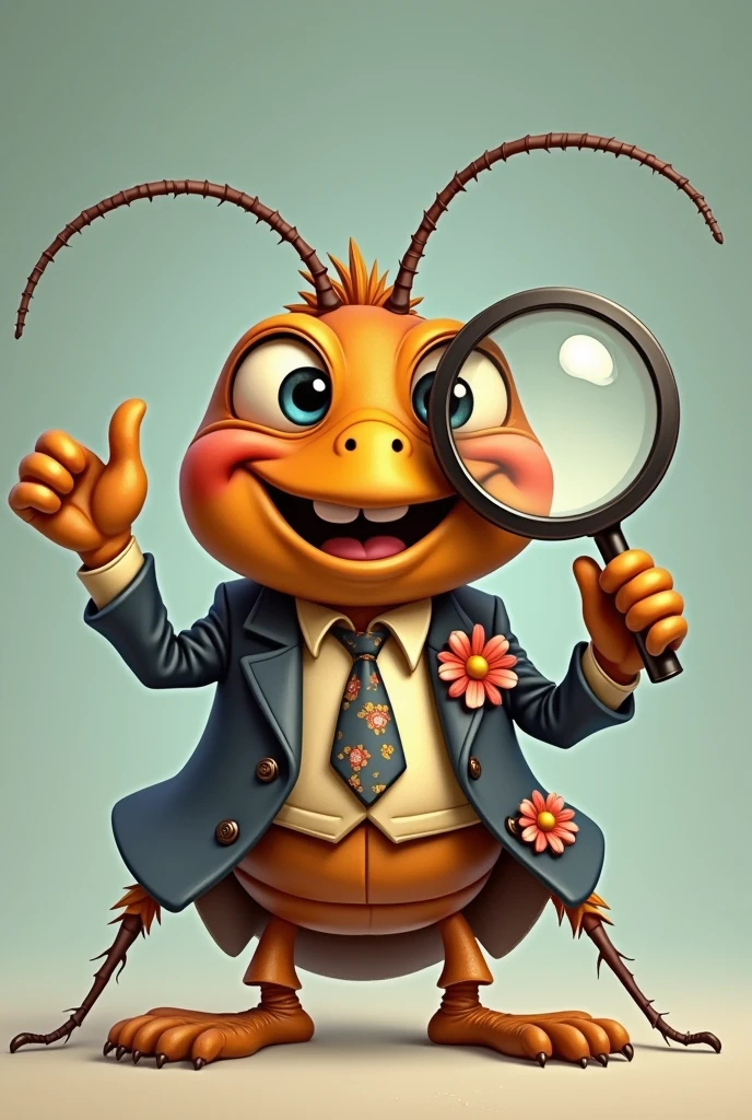 funny cartoon image of a cockroach with human characteristics, smiling and wearing a flowery suit and holding a magnifying glass covering one eye, signaling with the thumb of the other hand