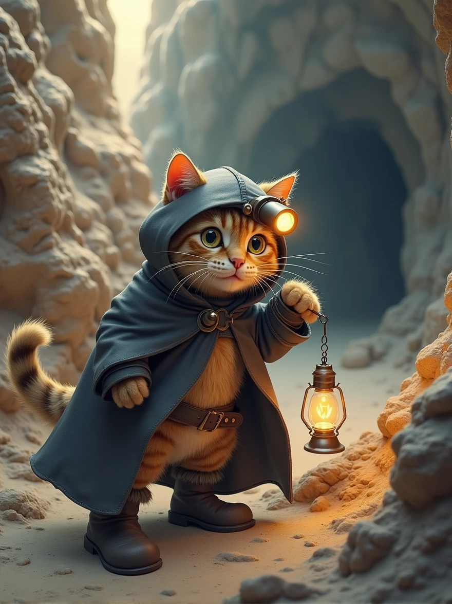 The scene is at the entrance of a dark cave. The cat is now in a black cloak, with a small headlamp hat, holding a little oil lamp, and wearing dark boots. It cautiously walks deeper into the cave, with faint lights flickering on the cave walls.