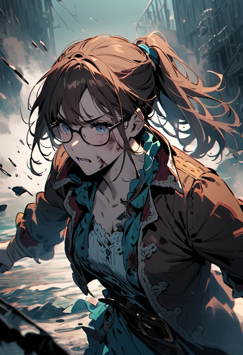 beaten up,buffed,bleed,determined,glasses,ponytail,pirate,pirate girl,brown hair,wound,bruises,broken glasses,cold colors