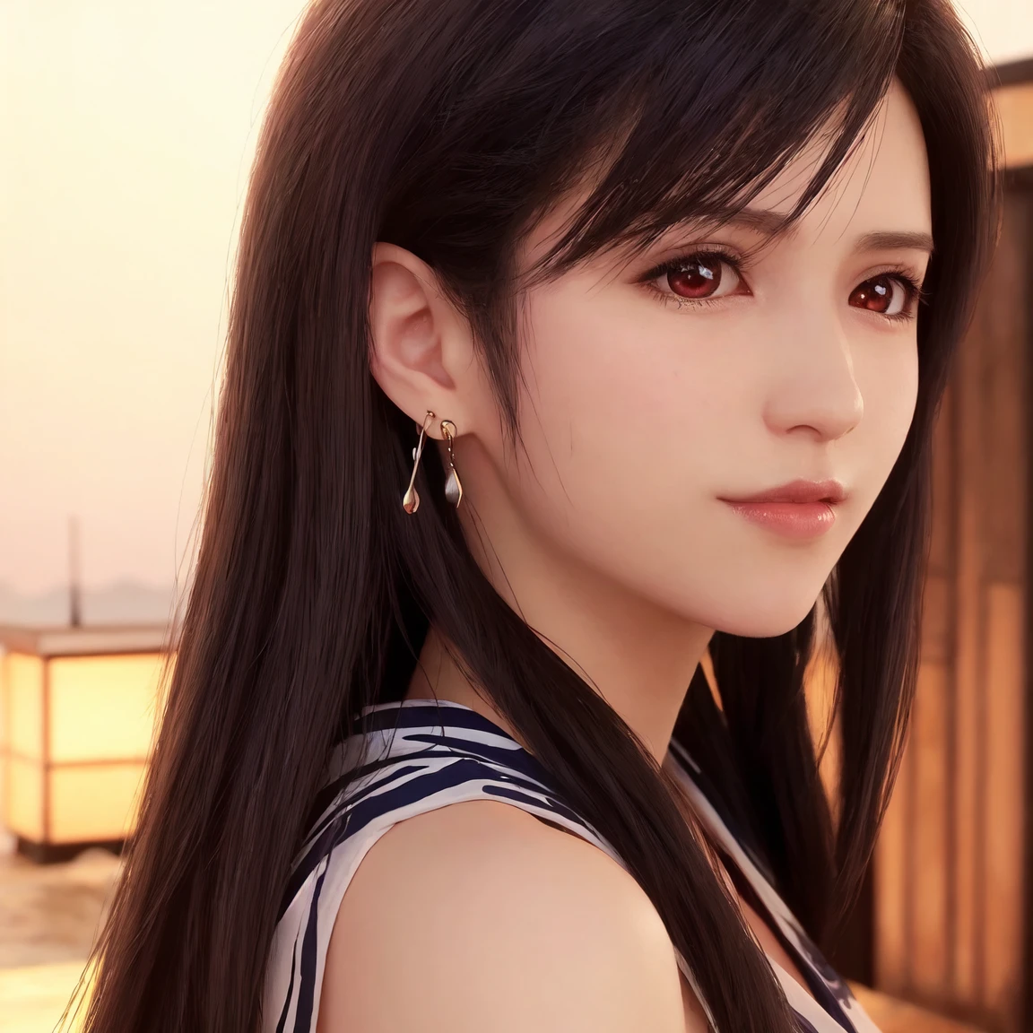 tifa lockhart,red_eyes,black hair,long hair,earrings, jewelry,((female)),Solo,(20yo:1.3),(japanese,cool beauty:1.2),(photo realistic,perfect anatomy:1.3),(hyper detailed, masterpiece:1.2), best quality,RAW photo, exquisite, beautiful ,From Behind,((Cowboy Shot)),sharp focus, depth of field ,blur background, bokeh ,Lens Flare, Ray tracing,Cinematic lighting,(detailed face),((yukata)),((put hair in ears)),((Looking Over Shoulder)),Half Smile,blush,black hair