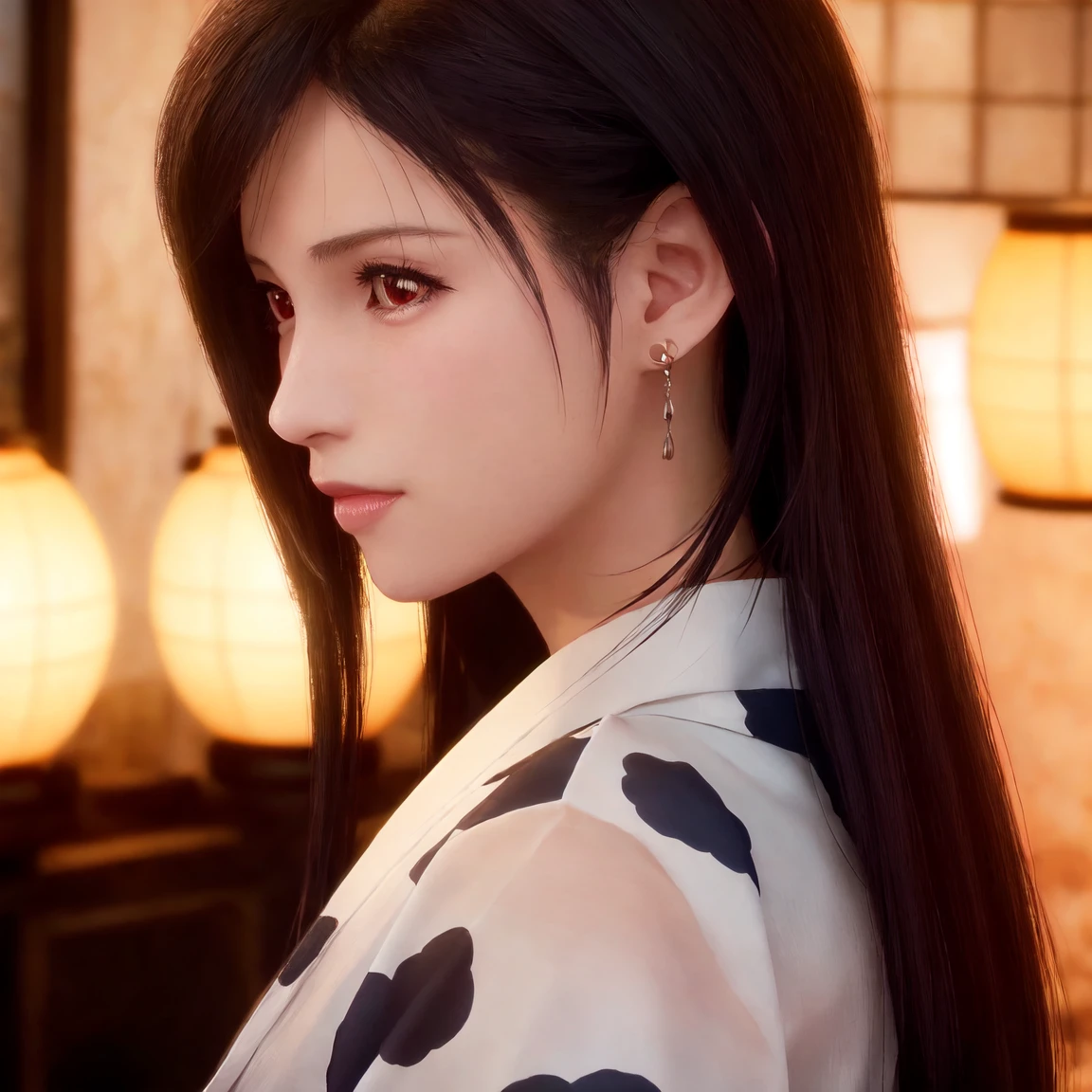 tifa lockhart,red_eyes,black hair,long hair,earrings, jewelry,((female)),Solo,(20yo:1.3),(japanese,cool beauty:1.2),(photo realistic,perfect anatomy:1.3),(hyper detailed, masterpiece:1.2), best quality,RAW photo, exquisite, beautiful ,From Behind,((Cowboy Shot)),sharp focus, depth of field ,blur background, bokeh ,Lens Flare, Ray tracing,Cinematic lighting,(detailed face),((yukata)),((put hair in ears)),((Looking Over Shoulder)),Half Smile,blush,black hair