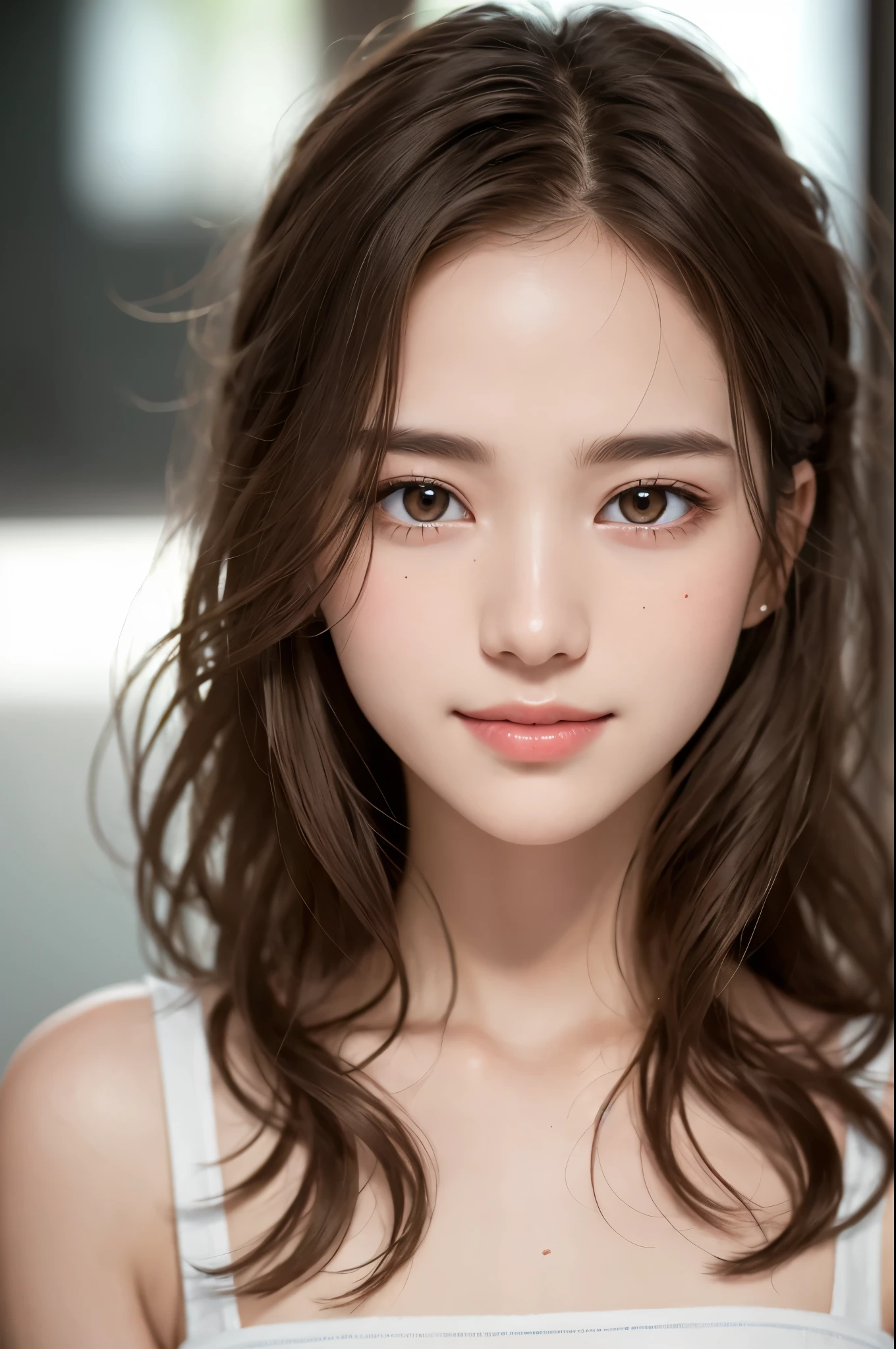 White tank top, Very detailed, 21 years old, Innocent face, Naturally Wavy Hair, High resolution, masterpiece, 最high quality, Intricate details, Very detailed, Clear focus, Delicate skin, practical skin texture, texture, Delicate eyes, Professional, 4K, Cute Smile, Shot with Canon, 85mm, Shallow and deep, Kodak Vision Color, that&#39;s right, Very detailedな, photograph_\(Extremist\), photographpractical, practical, Post-processing, Maximum details, Roughness, Real Life, Extremist practical, Photorealism, photographgraphy, 8K Ultra HD, photographgraphy, (最high quality、Tabletop、8k、Best image quality、Award-winning works)、(Red eyeshadow:1.2)、Perfect Makeup、Long eyelashes、Ultra-high definition shine eyes、Ultra HD Hair、ultra High resolution glossy lips、Super High resolution perfect teeth、Super High resolution cute face、Black Hair、(Very short straight hair:1.1)、Look at me and smile、[clavicle]、Accurate anatomy、With bangs、Ultra high resolution shine skin、The most detailed face、Ultra High resolution detailed faces、ultra High resolution hair、Fashion Model, Age 25, Perfect Eyes, Perfect Iris, Perfect Lips, Perfect Teeth, Perfect Skin, Soft Front Light, Shine, High resolution, (Soft colors: 1.2), 最high quality, a photographrealistic portrait of a stunningly beautiful woman without make-up, Very detailedな light hazel eyes, Symmetric, Realistically detailed face, Very detailedな natural texture, Peach fuzz, Messy Hair, masterpiece, absurdes, award winning photograph by lee jeffries, nikon d850 film stock photographgraph, Kodak Portra 400 Camera F1.6 Lenses, Very detailedな, wonderful, Finer details, Rich colors, hyper realistic lifelike texture, Dramatic lighting, Unreal Engine, Talked about at the art station, cinestill 800 tungsten, Looking at the audience, photograph realistic, RAW photograph, Tanveer Tamim, high quality, High resolution, Sharp focus, Very detailedな, Cinema Lighting, 8K  UHD, Kneel, 