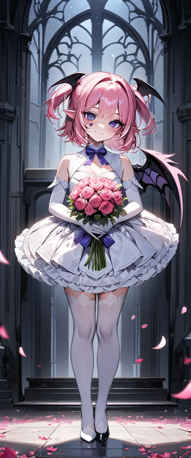 UHD, masterpiece, best quality, extremely detailed, anatomically correct, sharp focus, Midnight, gloomy atmosphere, Church, altar isle, 1girl, solo, camilavtuber, pink hair, short hair, shoulder length hair, (BLACK head wings:1.3), (twin ponytail), PURPLE EYES, PURPLEIRIS, facial mark, smiling, ballgown wedding dress, white arm sleeves, slim arms, white gloves, holding red bouquet of flowers, small chest, single devil wing, single wing, slim legs, white lace stockings, (white high heels), (full body) , (close-up), innocent pose, eye-level shot, front view, innocent pose, scattered pink petals