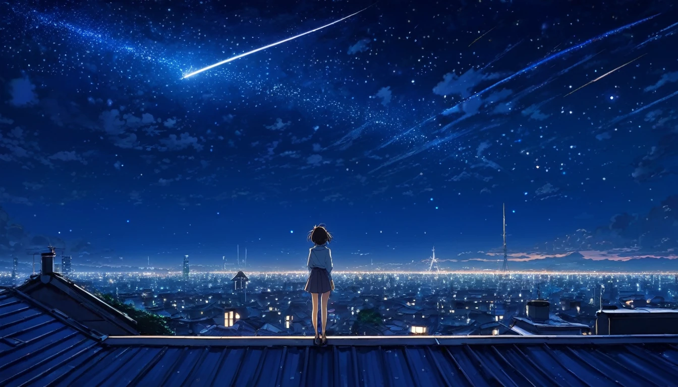 Anime girl standing on a rooftop looking at the starry night sky, anime wallpaper 4k, anime wallpaper 4 k, 4k anime wallpaper, Anime Art Wallpaper 8 K, anime art wallpaper 4k, anime art wallpaper 4k, animation style 4k, makoto shinkai cyril rolando, 4k cartoon wallpaper, anime wallpaper, amazing wallpaper, shooting star