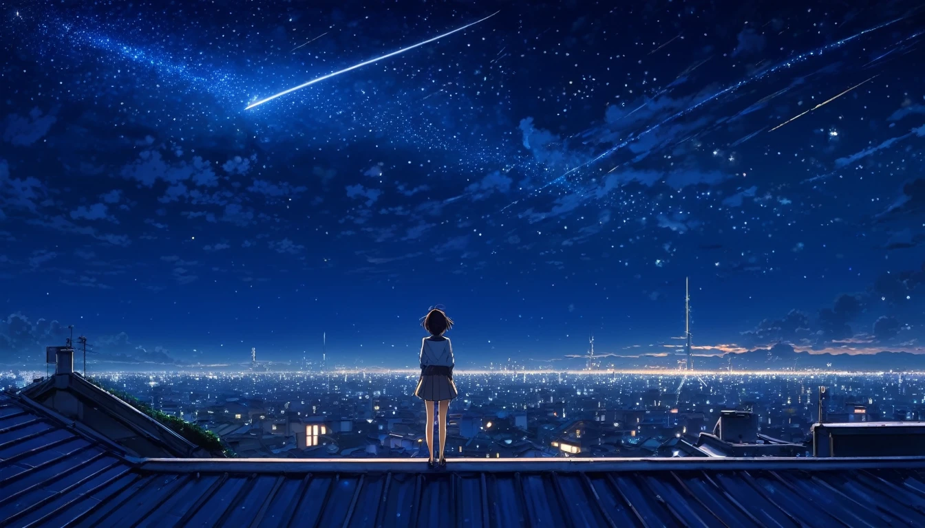 Anime girl standing on a rooftop looking at the starry night sky, anime wallpaper 4k, anime wallpaper 4 k, 4k anime wallpaper, Anime Art Wallpaper 8 K, anime art wallpaper 4k, anime art wallpaper 4k, animation style 4k, makoto shinkai cyril rolando, 4k cartoon wallpaper, anime wallpaper, amazing wallpaper, shooting star