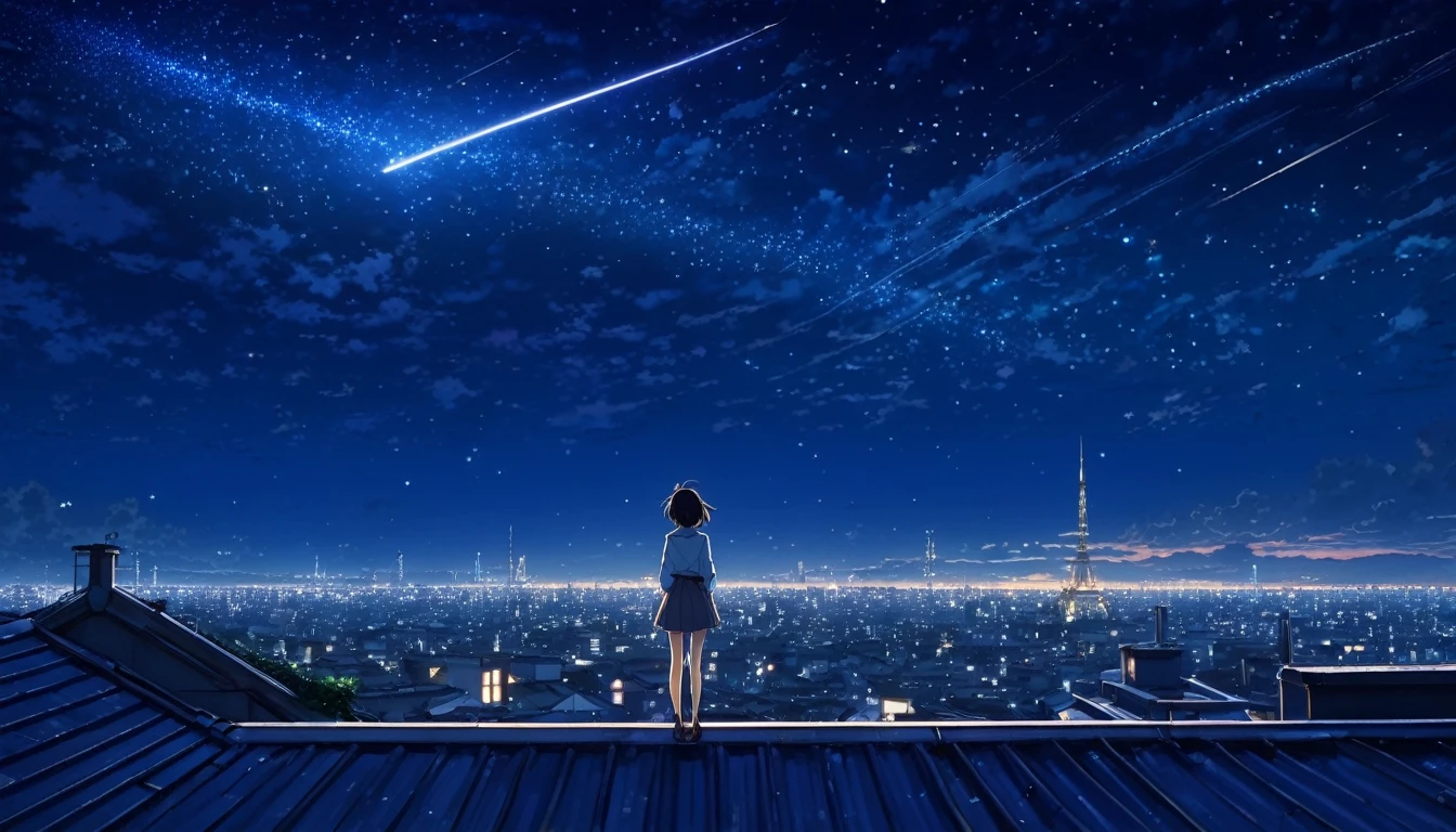 Anime girl standing on a rooftop looking at the starry night sky, anime wallpaper 4k, anime wallpaper 4 k, 4k anime wallpaper, Anime Art Wallpaper 8 K, anime art wallpaper 4k, anime art wallpaper 4k, animation style 4k, makoto shinkai cyril rolando, 4k cartoon wallpaper, anime wallpaper, amazing wallpaper, shooting star