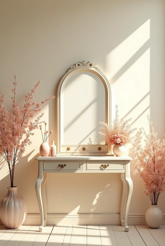 A beautiful room painted cream and white with beautiful flowers and dressing table
