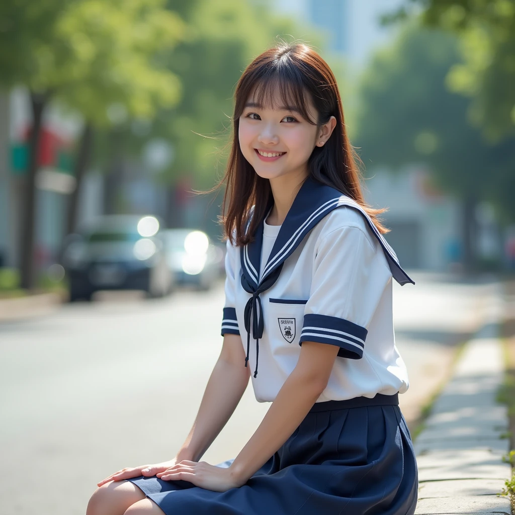 A beautiful china girl, 20 years old, wearing school uniform, sitting on the street, summer, daytime