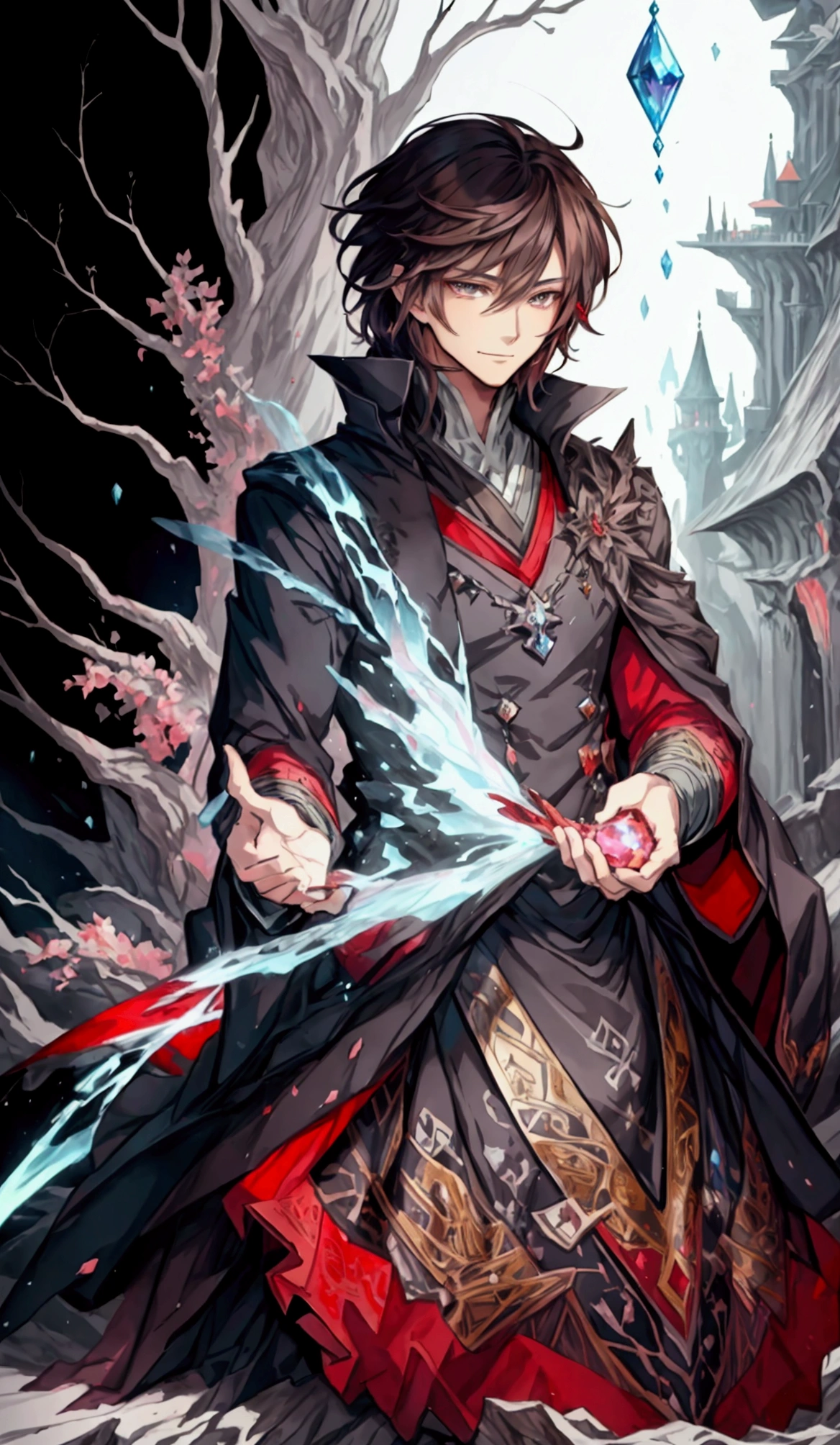 (Masterpiece), ((Highest Quality)),(Official Art),magical epic:1.2),(1 solo anime boy: 1.3). A young man with short hime cut, dark brown hair, gray eyes, and smug smirk. He wears a red military uniform with a crimson red coat. Sparkling gemstone and jewels surrounds him. Detailed picture. Detailed eyes. Masculine jaws. Full body. Soft fairytale picture book Arthur Rackham. Colorful, best detailed ((super detailed)), (highly detailed 2D anime boy illustration), ((magical and beautiful))